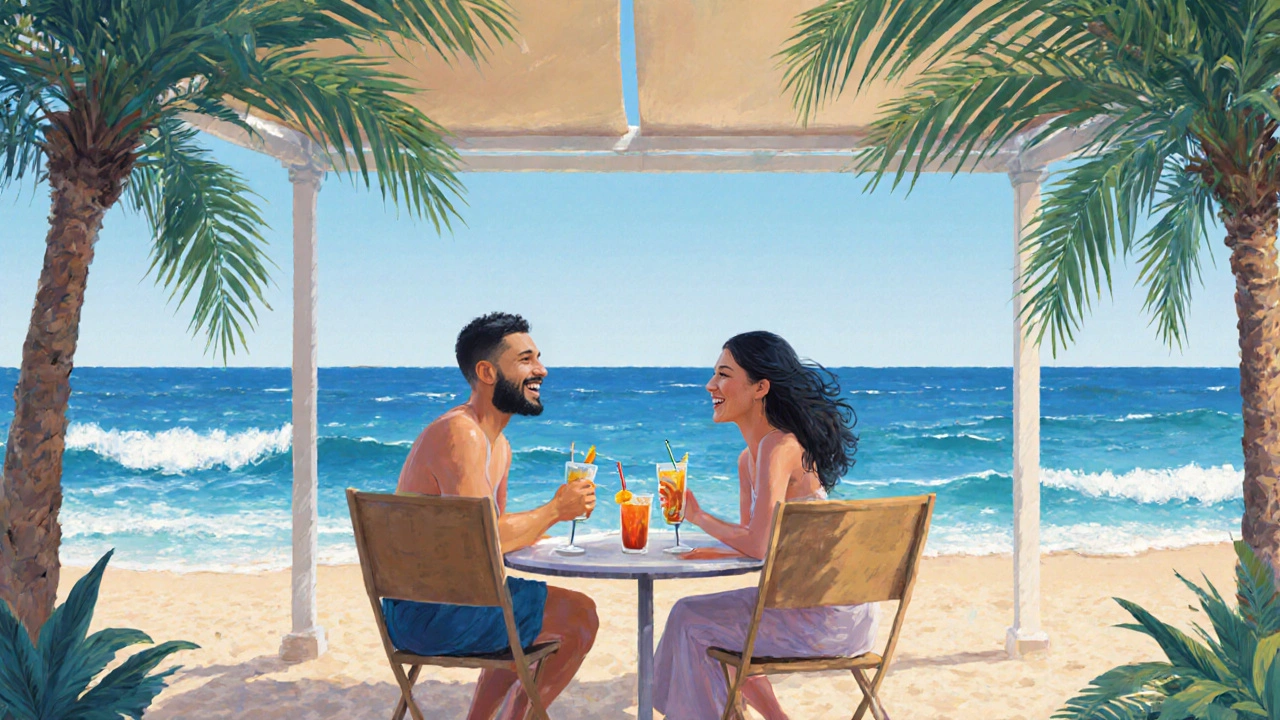 Couple relaxing at a Dubai beach club during daytime, enjoying each other&#039;s company in a public space.