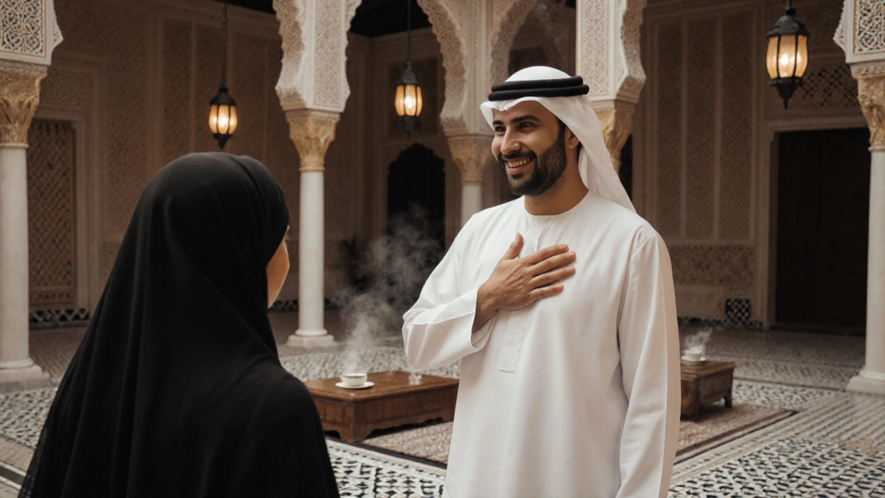 Emirati man placing hand over heart to thank a visitor in a traditional majlis setting with lanterns and tea.
