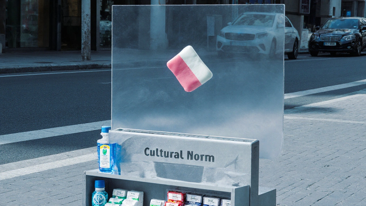 Gum suspended in air with mints and oral care products beside it.