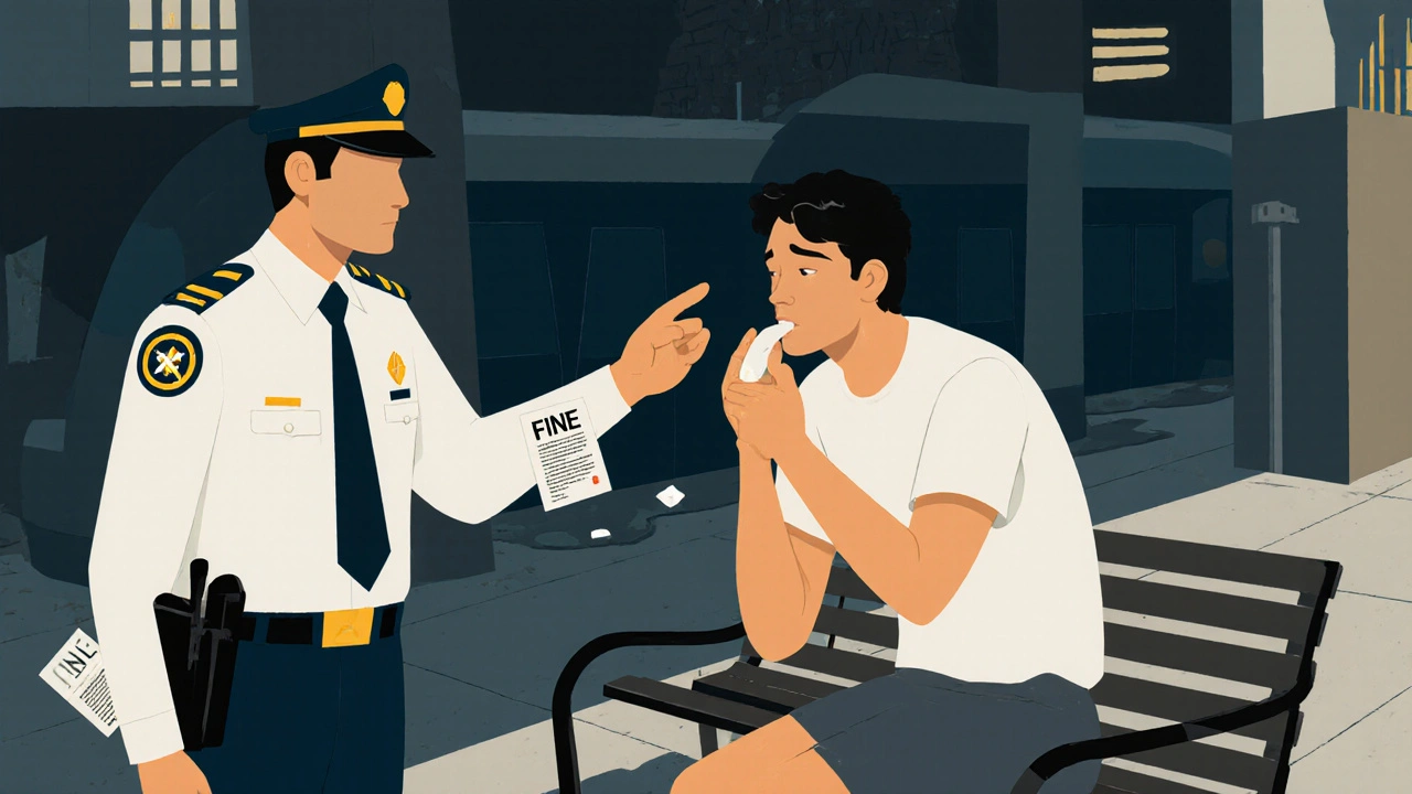 Municipal officer warning a tourist about chewing gum near metro entrance.