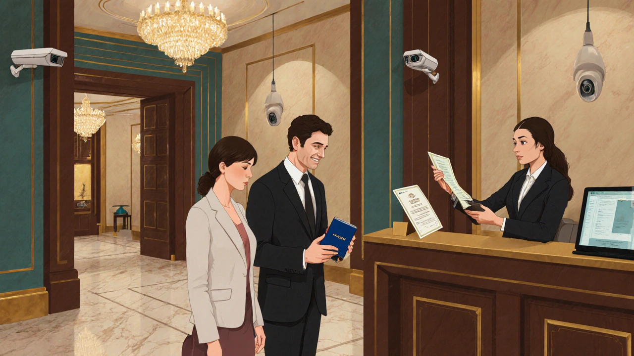 Two guests at a Dubai hotel front desk, one presenting a passport and wedding certificate to staff.